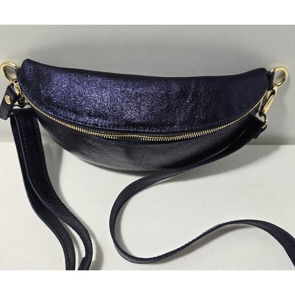 Tourance Italy Metallic Blue Genuine Leather Waist Pack Fanny Pack NWOT - Picture 3 of 8